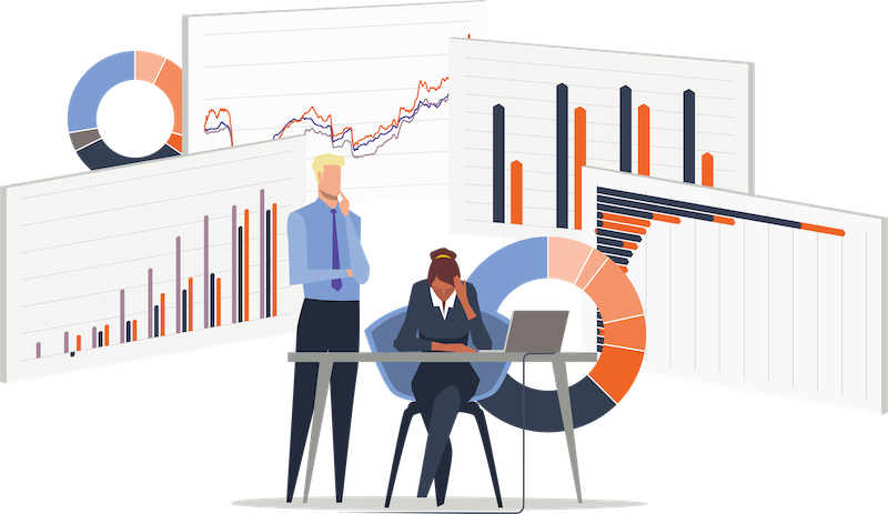 illustration of two property owners with an array of data visualizations floating behind them