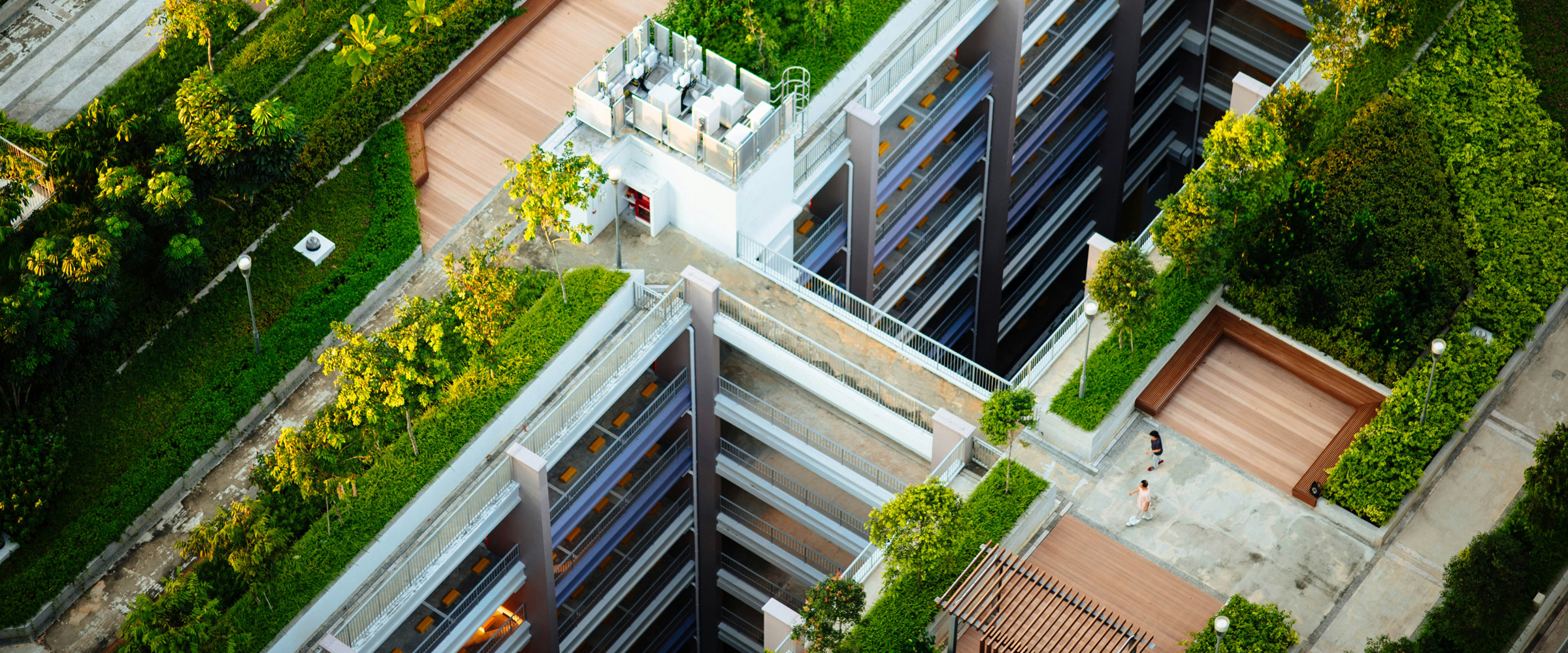 aerial view of a green roof on an office building