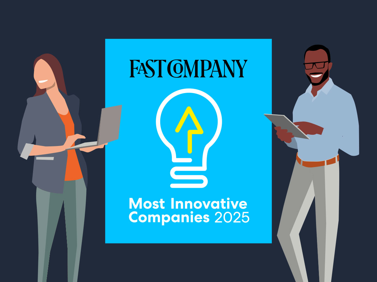 illustration of two coworkers with the fast company most innovative companies 2025 logo between them