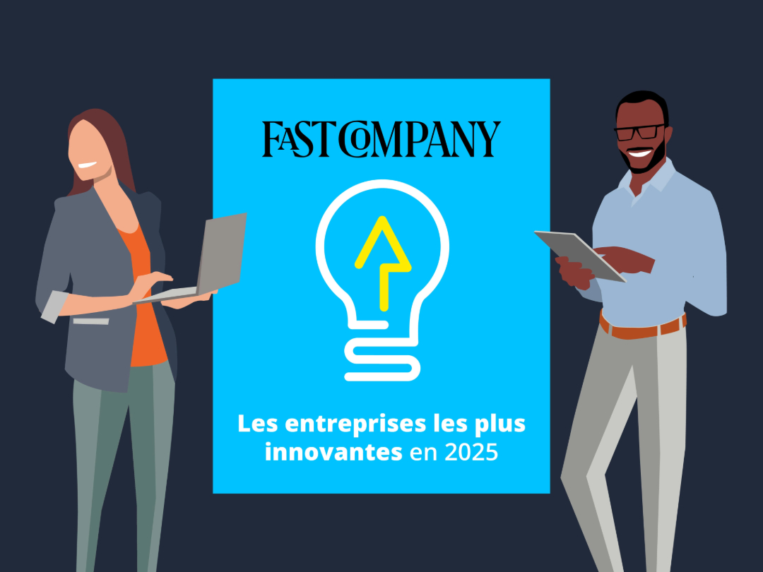 Illustration de deux collègues avec le logo des entreprises les plus innovantes 2025