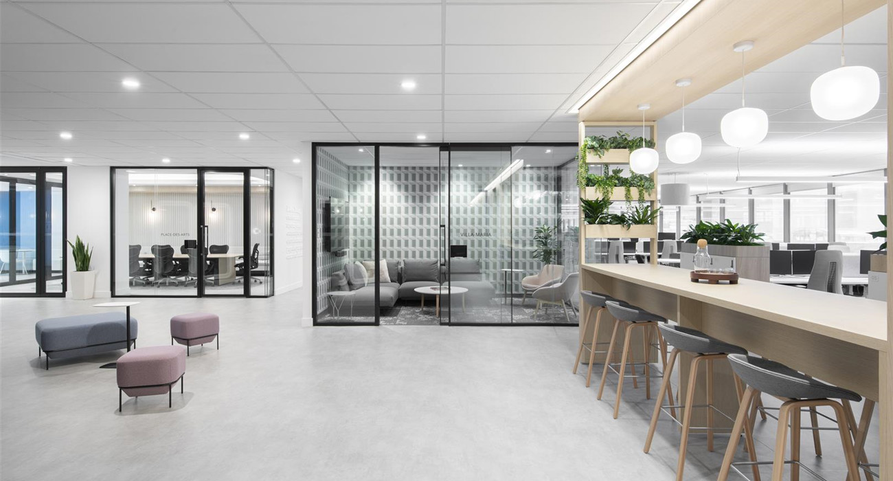 the kitchen and lounge space in Avison Young's new Montreal office