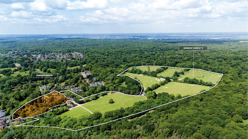 An aerial image of Debden House and Debden Campsite