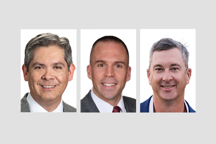Headshots of Luis Elorza, Sean DuPree and Trevor Roberts, new Avison Young brokers in Florida