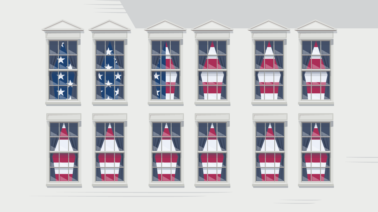 illustration of a government style building with a large american flag seen through the windows