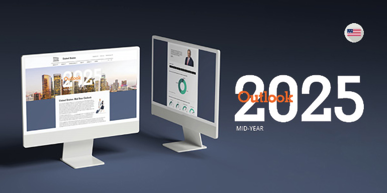 two desktops with Avison Young U.S. 2025 mid-year outlook insights displayed