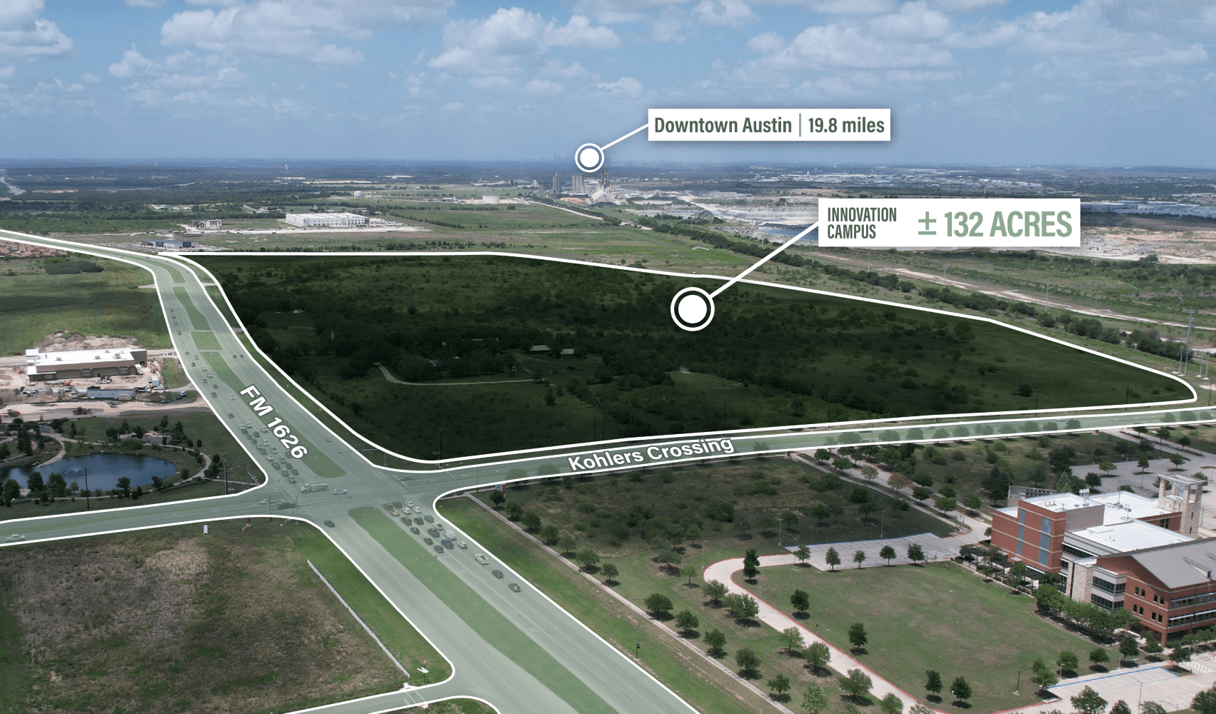 aerial map of Plum Creek’s Innovation Campus development site, a multi-use, master-planned development totaling 132 acres of divisible land in Kyle, Texas